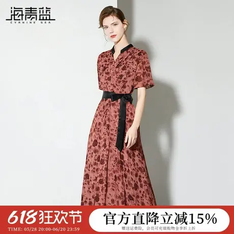 海青蓝 连衣裙夏女2025新款短袖女装印花高级时尚气质中长款裙子图片