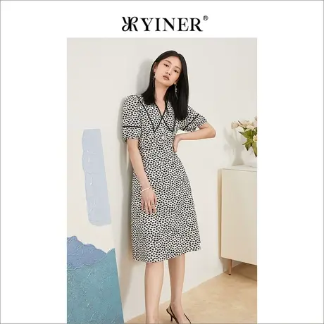 YINER音儿女装2022夏季新款复古印花V领雪纺连衣裙图片