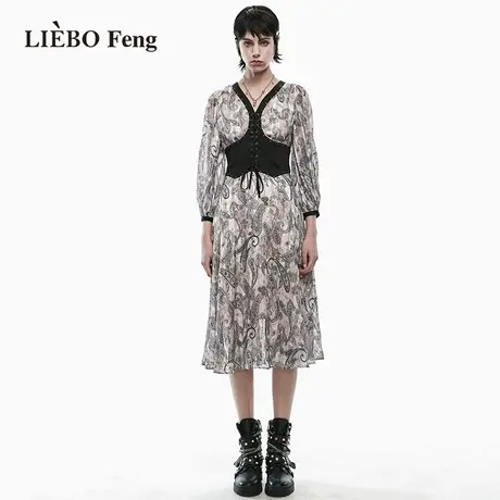 裂帛LIEBOFeng设计师品牌2024年春新中式chic印花收腰百褶连衣裙图片