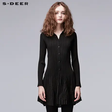 sdeer圣迪奥2019夏装纯色折痕修长显瘦A字长袖衬衫女装S17280555商品大图