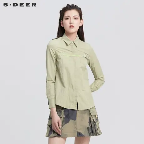 sdeer圣迪奥女装22春夏新款翻领字母拼接压褶长袖衬衫S22180504商品大图