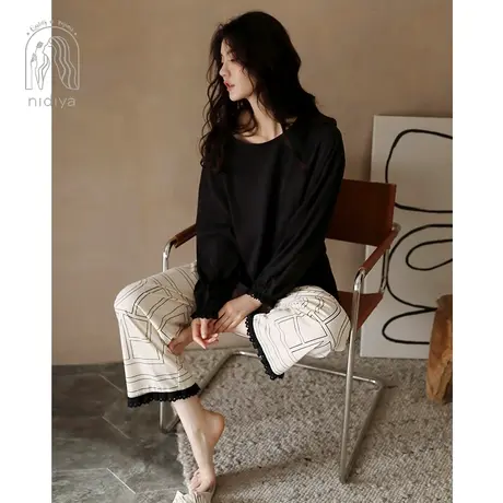 妮狄娅睡衣女春季纯棉长袖长裤套头圆领时尚春秋款时尚家居服套装图片