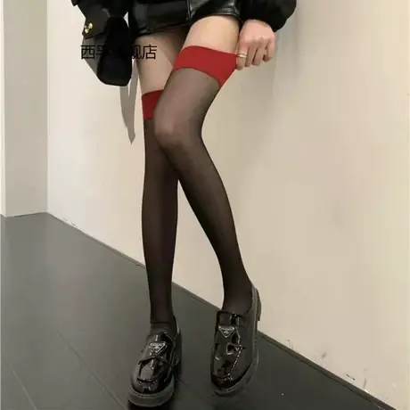 2022爆款花爆款红边丝袜红色过膝拼接长筒袜子女大腿袜超薄款高筒图片