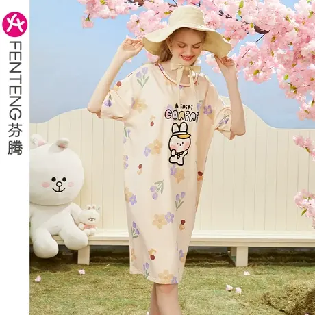 芬腾睡裙女纯棉夏季薄款短袖连衣裙可爱卡通布朗熊少女家居服睡衣图片