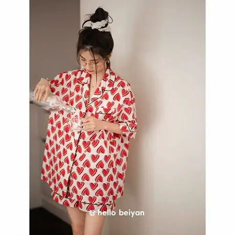 贝妍新婚睡衣女夏季薄款纯棉短袖短裤开衫套装甜美少女宽松家居服图片