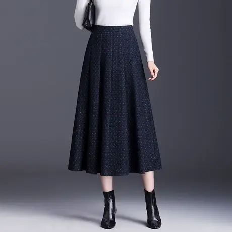 蓝色点点压褶a字裙子半身裙女2025秋季新款显瘦高腰中长款休闲裙图片