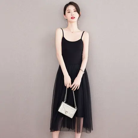 黑色吊带连衣裙女夏季2023新款外穿显瘦网纱裙春秋内搭打底中长裙图片