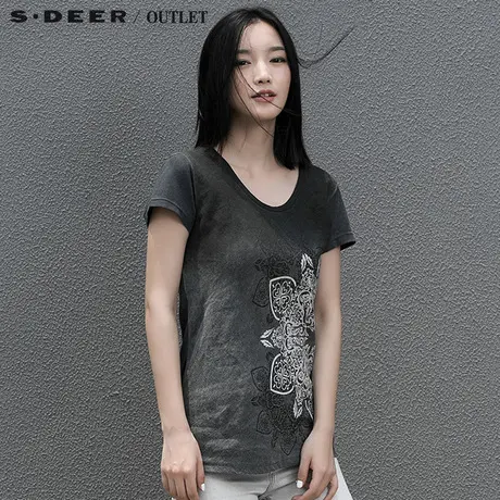 s.deer【新品】圣迪奥专柜正品女夏装渐变胶印印花T恤S15280155图片