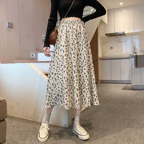 a字半身裙女夏季薄款高腰宽松韩版小个子中长款包臀碎花百褶裙女图片