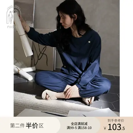 妮狄娅睡衣女春秋季纯棉长袖套头简约宽松纯色可外穿家居服套装图片