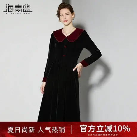 海青蓝高级感复古翻领丝绒连衣裙女秋冬季收腰显瘦赫本风黑色裙子图片