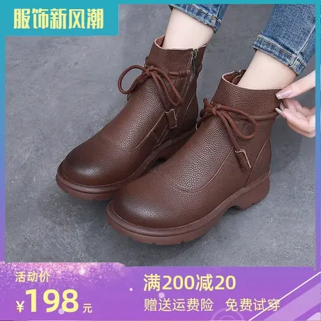 2023复古大码女靴41一43冬季新款真皮小皮鞋女英伦风短靴平底靴子图片