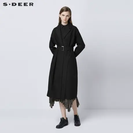 sdeer圣迪奥女装春秋装通勤西装领拼接收腰长款风衣女S21381811图片