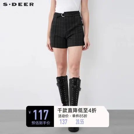 sdeer圣迪奥冬装复古腰带压褶撞色格纹A字短裤S21460910商品大图
