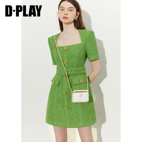 DPLAY【黑标】2023秋装新安第斯绿气质美背领小香风粗花呢连衣裙图片