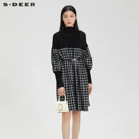 sdeer圣迪奥女装复古高领格纹收腰针织连衣裙S224Z1215图片
