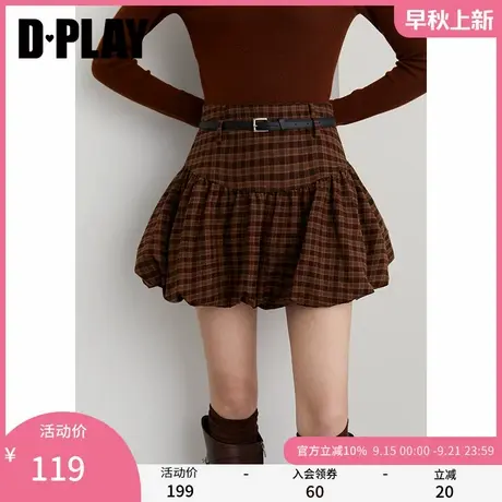 DPLAY2025年秋季新款咖色格纹半身裙女短款花苞裙半裙蓬蓬裙短裙图片