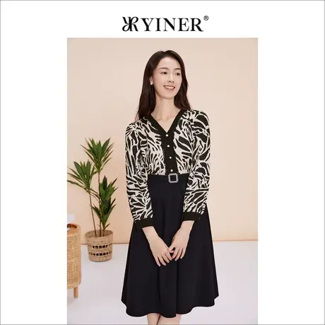 YINER音儿专选女装春季撞色拼接V领系带收腰连衣裙图片