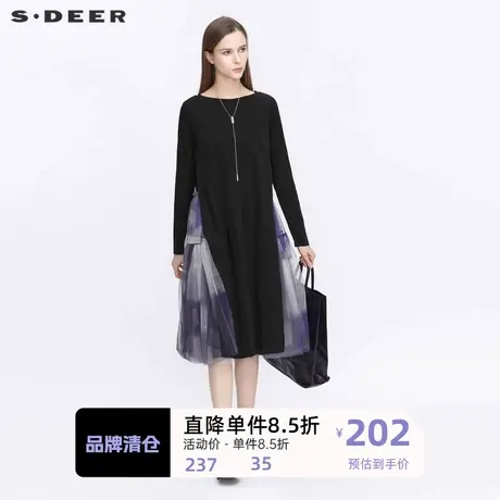 sdeer圣迪奥女装休闲圆领网纱拼接渐变长袖连衣裙S21181212图片