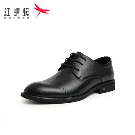 红蜻蜓男鞋2024春秋款尖头系带商务时尚皮鞋黑色真皮软底正装男鞋图片