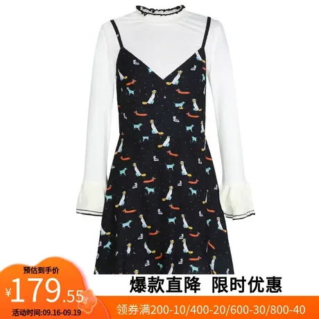 【艾格】2022秋季新款连衣裙女吊带印花短裙喇叭袖T恤套装图片