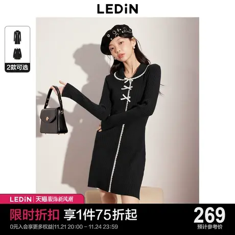 乐町赫本风法式黑色连衣裙2023秋冬新款女富家千金气质小香风长裙图片