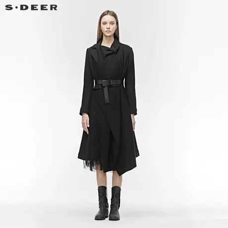 sdeer圣迪奥冬季蕾丝拼接插袋收腰不规则黑色毛呢大衣女S19481821图片