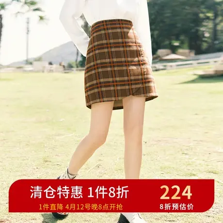 诗凡黎时尚半身裙春秋新款复古格纹高腰休闲短裙女裙7CA342811图片