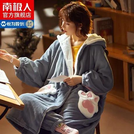 南极人睡衣女冬季珊瑚绒睡袍套装法兰绒加绒加厚可外穿家居服JN商品大图