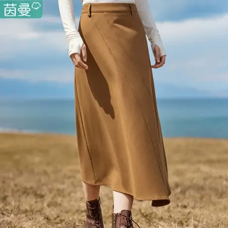 茵曼毛呢半身裙女裙子2023秋冬季新款a字半裙高腰中长款包臀打底图片