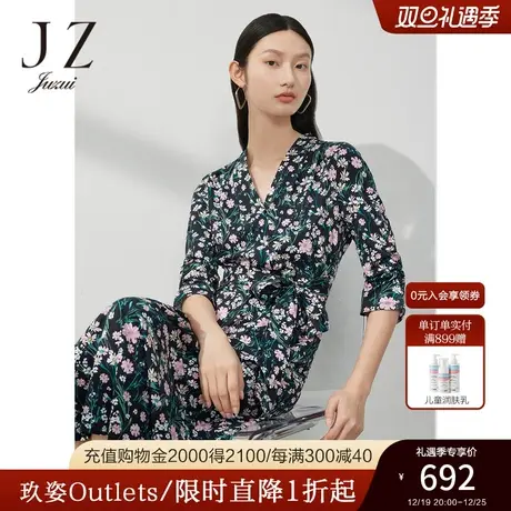 JZ玖姿法式茶歇裙女装2023春季新款小众印花丝光棉连衣裙图片