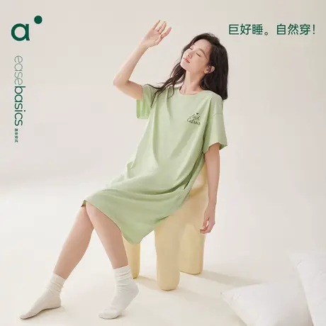 安之伴【巨凉感】带胸垫睡裙女夏款纯棉短袖简约宽松睡衣大码薄款图片