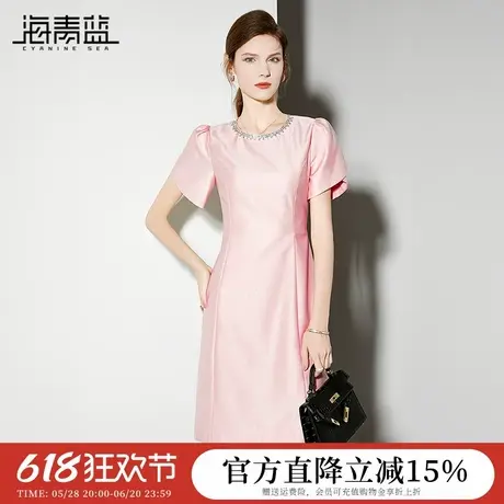 海青蓝连衣裙2025夏季法式小香风名媛优雅气质收腰显瘦高级感裙子图片