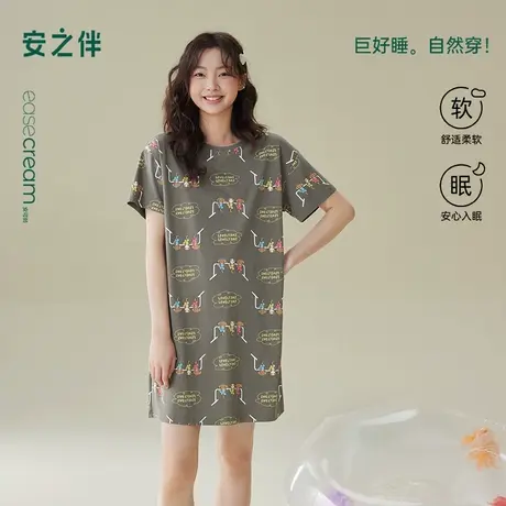 安之伴新款夏季女睡裙纯棉甜美卡通宽松休闲短袖中长款睡衣全棉图片