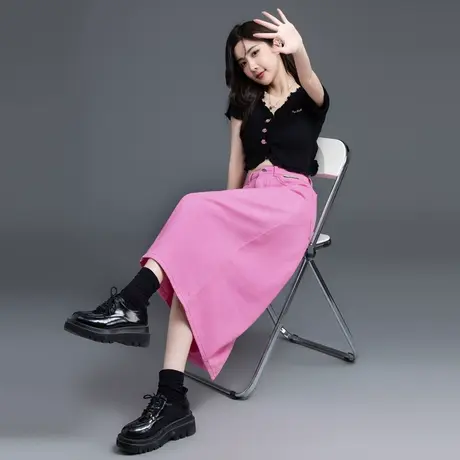 春秋粉色牛仔裙半身裙女休闲a字裙中长款半裙2023新款长裙小个子图片