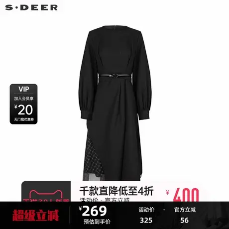 sdeer圣迪奥女装圆领拼接收腰格纹网纱连衣裙S234Z1206图片