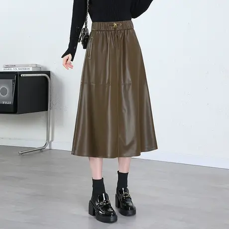 时尚半身裙皮裙女秋冬2023新款松紧高腰显瘦a字裙中长百搭休闲裙图片