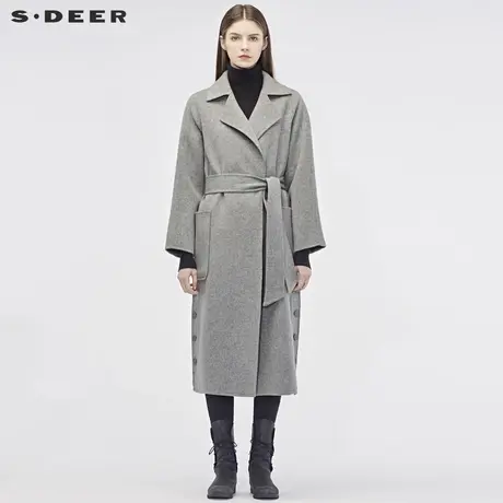 sdeer圣迪奥冬装平驳领口袋纽扣开衩收腰长款毛呢大衣女S184818A6图片