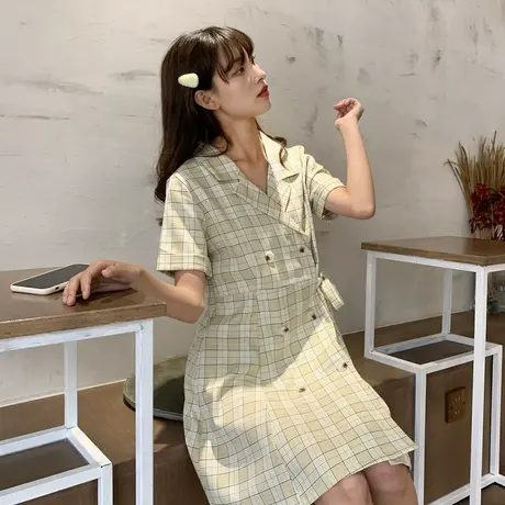 唐狮法式初恋甜美西装连衣裙女夏韩版显瘦茶歇裙子小众格裙图片