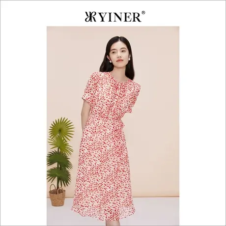 品质-YINER音儿奥莱女装2023夏蝴蝶结泡泡袖收腰中长连衣裙图片