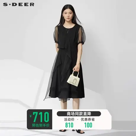 sdeer圣迪奥女装圆领褶皱拼接网纱泡泡袖连衣裙S23281209图片