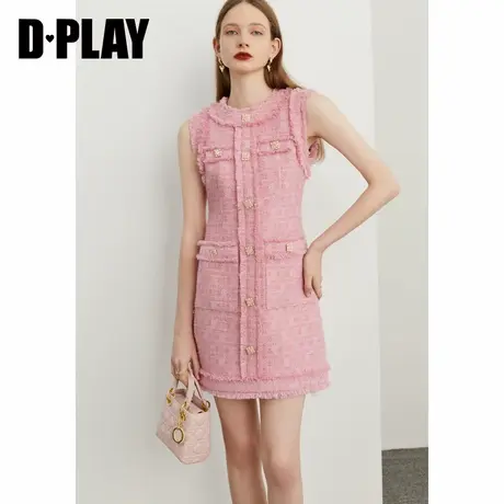 DPLAY【黑标】秋季法式轻奢小香风草莓粉色拉毛粗花呢马甲连衣裙图片