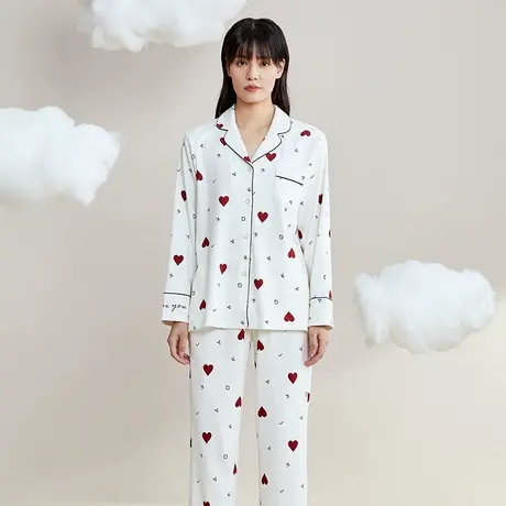 秋鹿【大码清仓】睡衣女士甜美爱心纯棉开衫长袖全棉可爱家居服图片