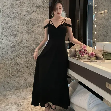 性感吊带礼服裙女装2023新款修身气质低胸复古高腰大摆裙连衣裙图片