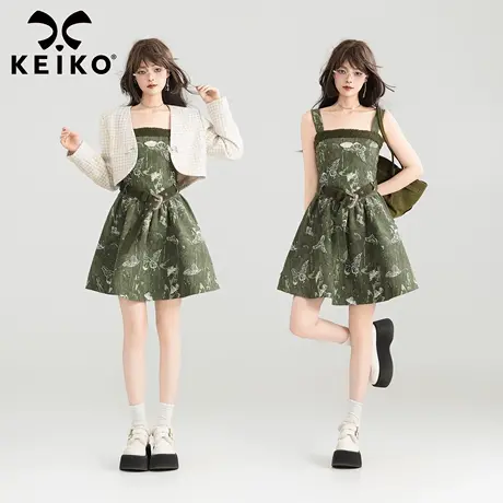 KEIKO 蝴蝶纹色织提花吊带连衣裙25春夏法式复古系带显瘦A字短裙图片