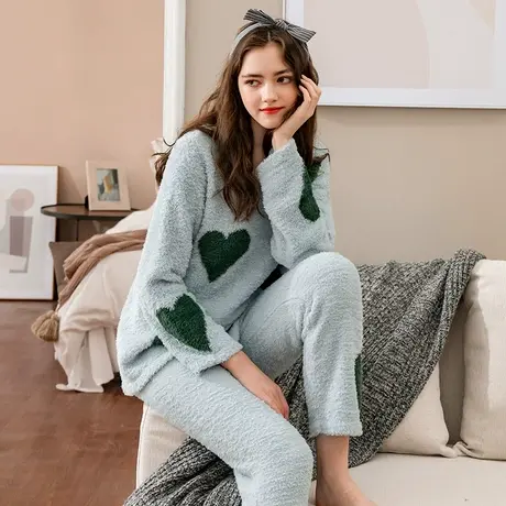 秋鹿奥莱清仓半边绒睡衣女秋冬圆领长袖爱心软绵绵家居服冬季保暖图片