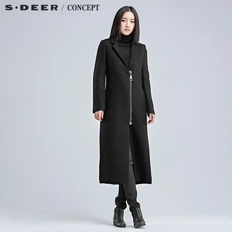 sdeer圣迪奥女2018冬装肌理感斜襟修身翻领毛呢大衣S16481891图片