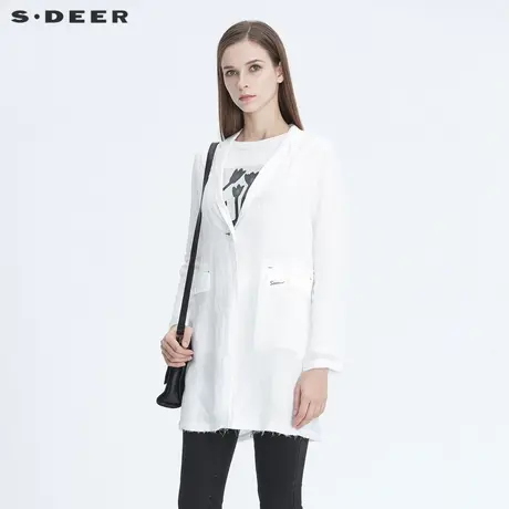 sdeer圣迪奥休闲平驳领一粒扣撞色字母中长款白色外套S19381801图片