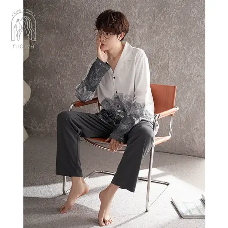 妮狄娅新品睡衣男秋季纯棉长袖简约翻领开衫时尚春秋款家居服套装图片