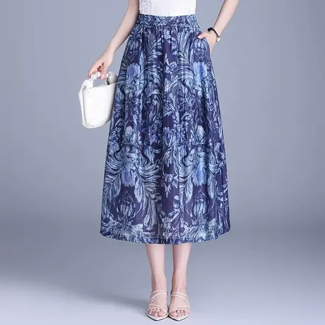 2025夏季新款天丝亚麻印花灯笼裙半身裙女显瘦中长款松紧腰a字裙图片